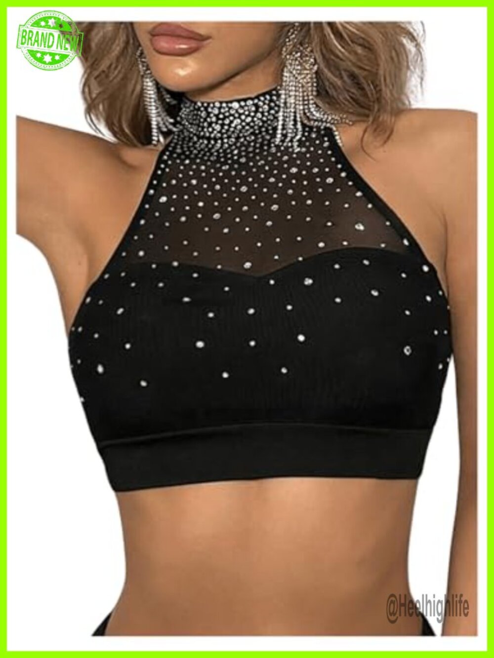 Sleeveless Sheer Mesh Halter Rhinestone Party Crop Tank Top